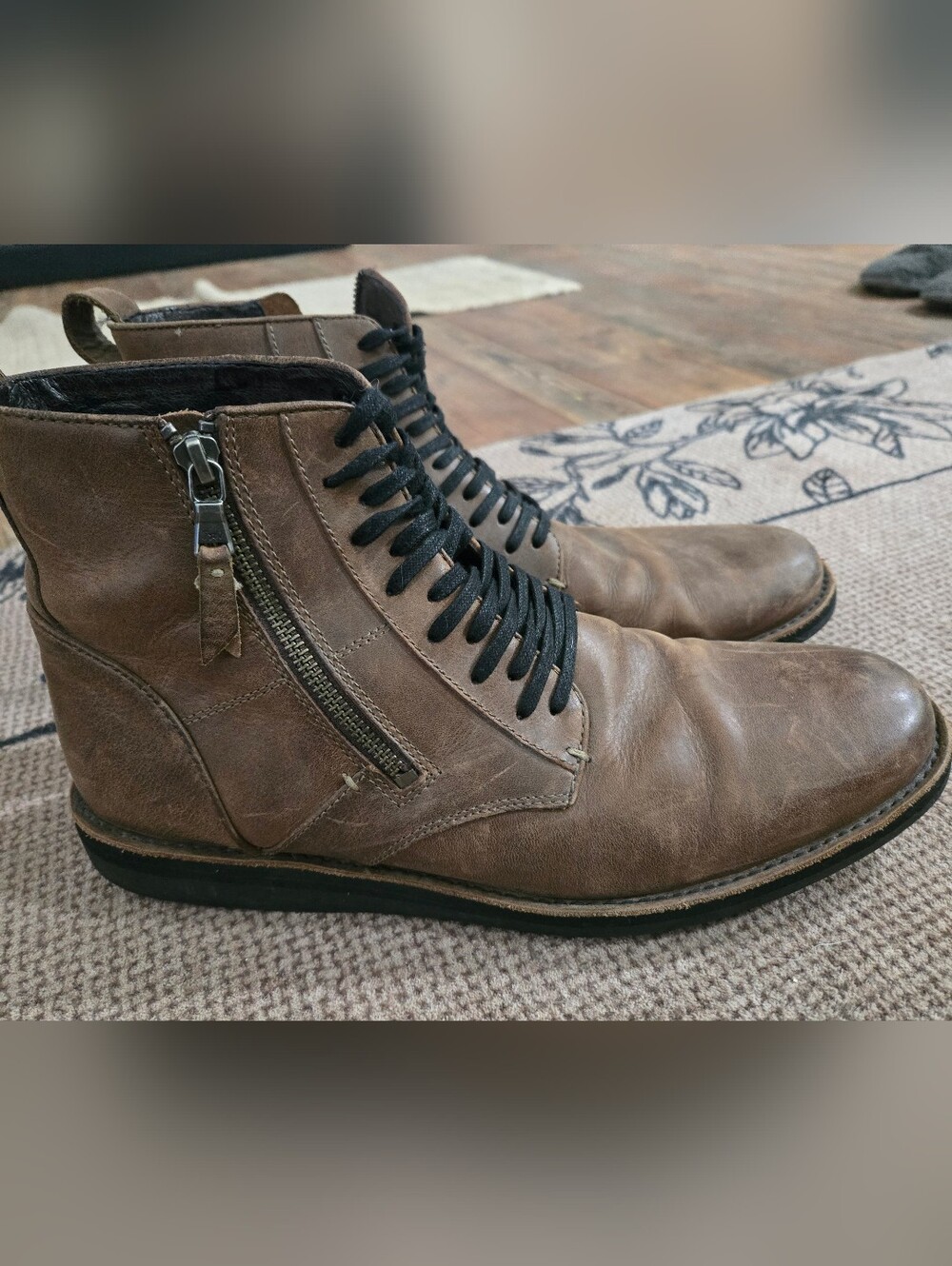 John Varvatos Men's Brown Lace-Up Leather Boots with Side Zip Size 11